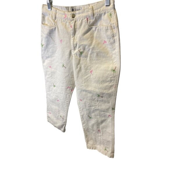 Columbia White Summer Palm Tree Flamingo Embroidered Cropped Pants Sz 6 - Picture 3 of 8